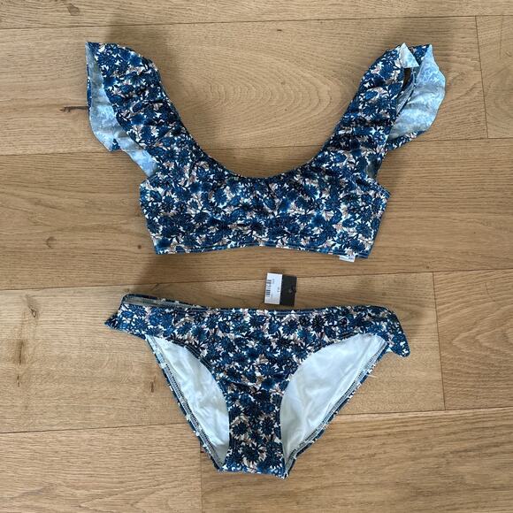 Topshop - Ruffle Strap Floral Bikini In Blue & Pink